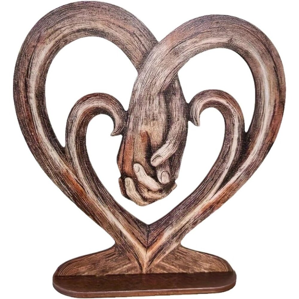 Heart Holding Hands Art Sculpture Wooden Desktop Imitation Tree Trunk Forever
